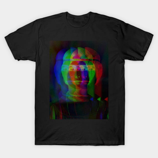 Dramabite Glitch art colourful rainbow woman portrait T-Shirt by dramabite